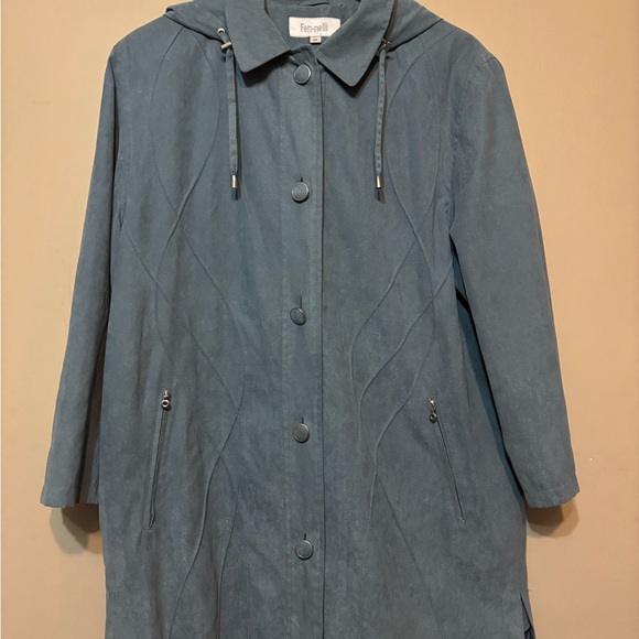 FEN-NELLI Vintage Suede-Like Dusty Blue Hooded Coat - Picture 2 of 7